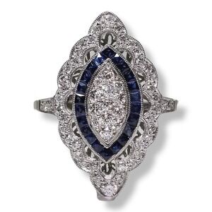 Silver Tone Edwardian Period Simulated Sapphire Round Crystal Ring